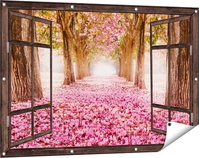 Gards Tuinposter Doorkijk Romantische Bomen Tunnel met Roze Anjers - 120x80 cm - Tuindoek - Tuindecoratie - Wanddecoratie buiten - Tuinschilderij