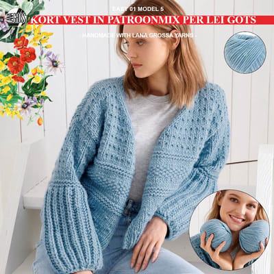 Breipakket kort vest in een patroonmix met Per Lei Gots-mt.36/38- model 05 van Lana Grossa Easy 01-hemelsblauw