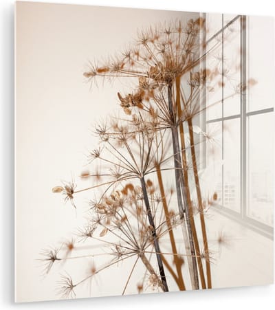 Glasschilderij bloemen - Droogbloemen - Planten - Stilleven - Bruin - Glas decoratie - Glasplaat - Wanddecoratie glas - 90x90 cm - Woonkamer decoratie - Foto op glas - Schilderij glas - Glasschilderijen