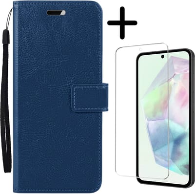 Hoesje Met Screenprotector - Geschikt voor Samsung Galaxy A35 - Luxe Pasjeshouder - Bookcase Portemonee - Flip Case - Kunstleer Book Case - Flipcase - Book Cover - Walletcase - Portemonneehoes - Donkerblauw