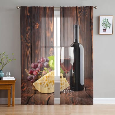Rode Wijn Kaas Houten Plank Wijnglas Transparante Gordijnen voor Woonkamer Decoratie Raamgordijnen Keuken Tule Voile Gordijnen W135 x H115cm x1 black