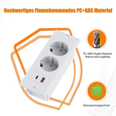 Ingebouwde aansluiting met USB, tafel aansluiting met 2 USB en 2-weg stroomstrek, tafelblad Ingebouwde dubbele stekkers met 2M kabel, Ingebouwde stroomstrek geschikt voor werkbladmeubels, Wit