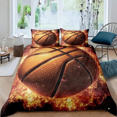 Ensemble Housse de Couette Basketball Noir Thème Sports de Balle 3D Ensemble de Literie Microfibre Terrain de Basketball Jeux Compétitifs Housse de Couette King EU single(135x200cm)