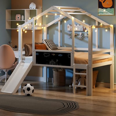 COVREO Kinderbed met glijbaan en ladder – 90x200 cm – Hoogslaper met krijtbordpaneel – huisbed voor kinderkamer – Wit - zonder matras