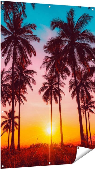 Gards Tuinposter Palmbomen op het Strand bij Zonsondergang - 100x150 cm - Tuindoek - Tuindecoratie - Wanddecoratie buiten - Tuinschilderij