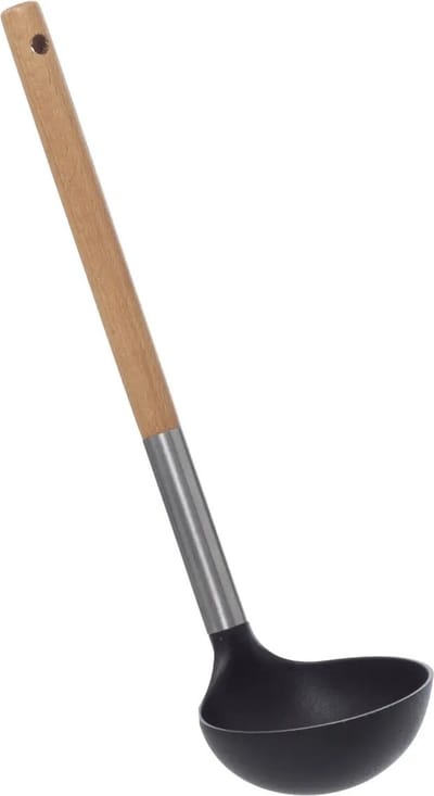 5Five Soep/Saus opscheplepel - zwart/lichtbruin - hout/rvs/kunststof - 32 cm - Keukengerei/soeplepel