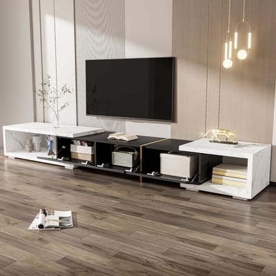 REDOM TV-meubel 140-260 cm, MDF en spaanplaat, witte marmerlook en zwart, met draaifunctie en veel opbergruimte