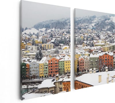 Artaza Canvas Schilderij Tweeluik Gekleurde Huisjes met Sneeuw in Oostenrijk - 80x60 - Foto Op Canvas - Canvas Print