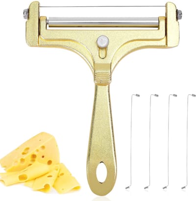 Dailygoods- Kaassnijder Roestvrij Staal - Verstelbare Handbediende Boterbloksnijder - 4 Extra Draden - Kaasschaaf voor Cheddar/Gruyère/Mozzarella - 14,5x12cm - Voldoende Vervangende Draden