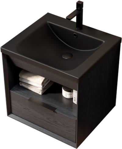 badkamermeubel van 51 cm met geïntegreerde keramische onderbouwwastafel, afgeschuinde multiplex kast met plank en lade, voorgemonteerd, zwarte houtnerf afwerking