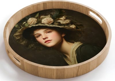 Dienblad rond 40x40 cm - Schootdienblad hout - Bloemenhoed - Portret - Vrouw - Borrelplank rechthoek - Plateau houten dienbladen