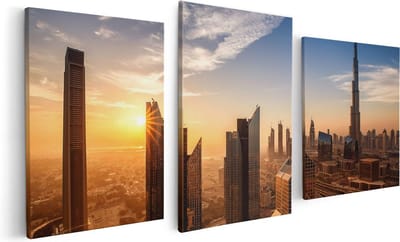 Artaza Canvas Schilderij Drieluik Dubai Stad bij Zonsopgang - 120x60 - Foto Op Canvas - Canvas Print