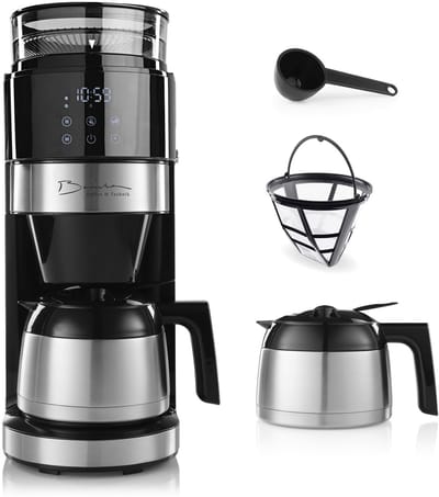 Barista-filterkoffiezetapparaat met instelbare molen (Pro Design) | Warmhoudfunctie, 24-uurs timer & permanentfilter | Voor 10 kopjes koffie | Koffiezetapparaat voor bonen en gemalen koffie [roestvrij staal]