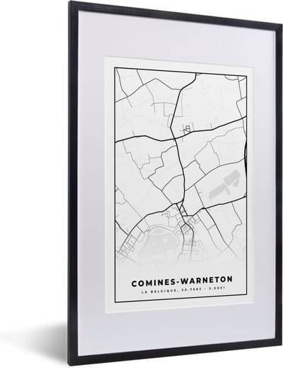 Fotolijst incl. Poster Zwart Wit- Stadskaart – Zwart Wit - Kaart – Comines Warneton – België – Plattegrond - 40x60 cm - Posterlijst