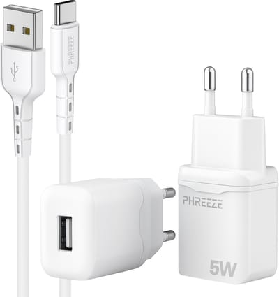 Phreeze usb oplader 5 W - Usb naar usb C kabel 1m - Voor opladen smartphone tablet ereader accessoires 5v 1a adapter