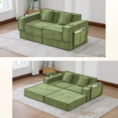 DESMIU Slaapbank 162 x 78 x 66 cm - 2-Zits Met Slaapfunctie, Kussens En Zijvakken - Voor Leeshoek En Woonkamer - Chenille - Groen