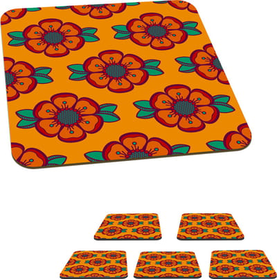 Onderzetters voor glazen - Design - Retro - Rozen - Oranje - 10x10 cm - Glasonderzetters - 6 stuks
