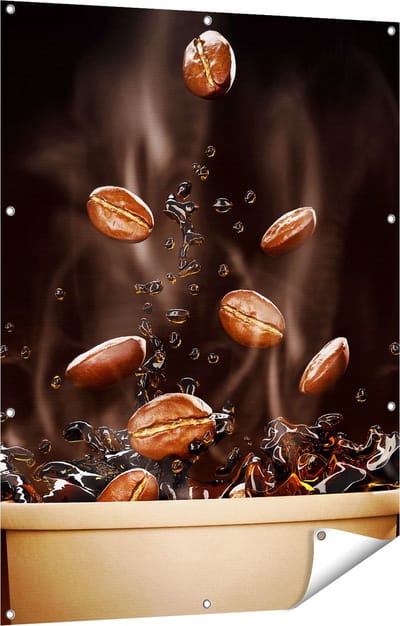 Gards Tuinposter Koffie Beker met Koffiebonen Erin - 90x120 cm - Tuindoek - Tuindecoratie - Wanddecoratie buiten - Tuinschilderij