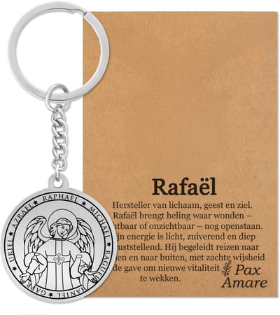 Beschermengel Rafaël Sleutelhanger op Cadeau Kaartje – Spiritueel Cadeau van Roestvrij Staal – Zilverkleurig – Pax Amare