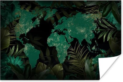 Poster 30x20 cm - Wereldkaart - Groen - Bladeren - Posters - Kamer decoratie - Wanddecoratie woonkamer - Muurdecoratie slaapkamer