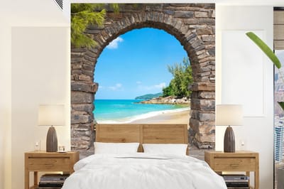 Behang - Fotobehang Doorkijk - Strand - Tropisch - Zomer - Breedte 195 cm x hoogte 260 cm
