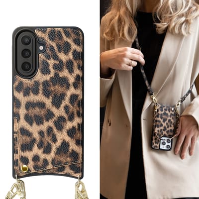Selencia Hoesje - Geschikt voor Samsung Galaxy A57 (5G) - Backcover met koord en pashouder - Leopard