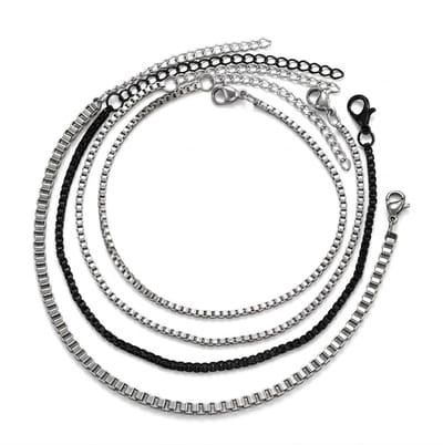 Set van 4 heren armbanden – smalle schakelarmbanden in zwart en zilverkleurig met karabijnsluiting