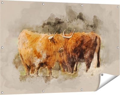 Gards Tuinposter Twee Schotse Hooglander Koeien - Abstract - 120x80 cm - Tuindoek - Tuindecoratie - Wanddecoratie buiten - Tuinschilderij