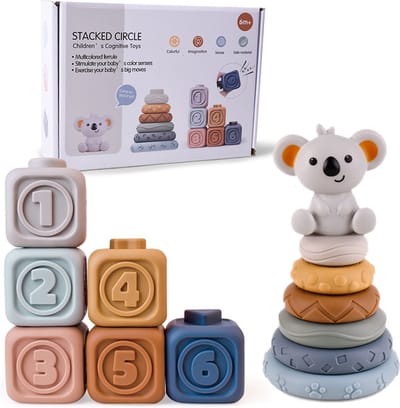 Delta Good.nl Baby Speelgoed - Montessori speelgoed - Stapelstenen en Stapeltoren - Zachte Stapelblokken Koala 13 Stuks - Sensorisch Speelgoed - 6 maanden 1 jaar 2 jaar - Motoriek Speelgoed