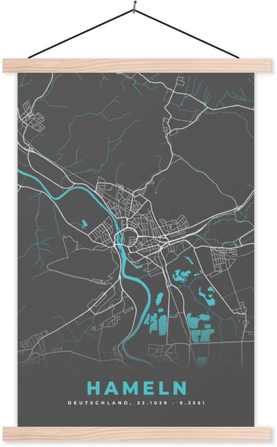 Posterhanger incl. Poster 40x60 cm - Schoolplaat - Blauw – Duitsland – Plattegrond – Stadskaart – Kaart – Hameln - Textielposter - Blanke latten - Stadskaart