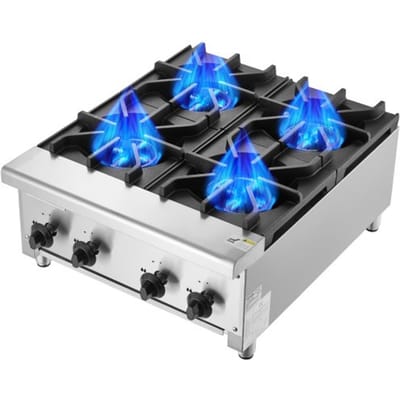 VEVOR Commercieel gasfornuis met 4 gasbranders, propaan-/aardgaskooktoestel, roestvrijstalen gaskookplaat, commercieel kookapparaat 610 x 775 x 335 mm voor restaurants, hotelcafés, 28 kW