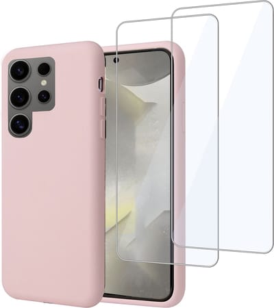 Geschikt voor Samsung Galaxy S24 Ultra - Hoesje + 2x Screenprotector – Gehard Glas Cover - Suède Case Rose