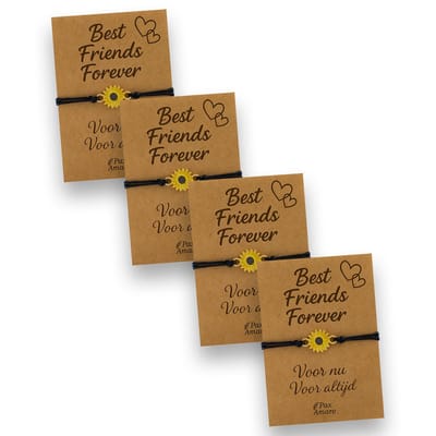 Vriendschapsarmbandjes voor 4 "Best Friends Forever" - Zonnebloem - BFF Armbandjes met Persoonlijk Cadeau Kaartje - Zwart met Bloem Hanger - Op Vier Kaartjes- Pax Amare