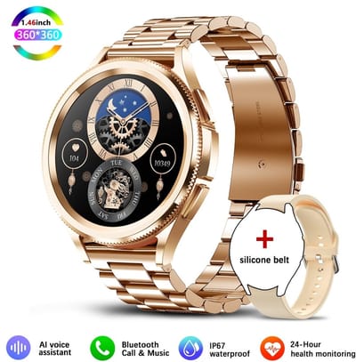 Knobbout Slimme Bluetooth Smartwatch 1.46" – Full HD Kleuren Display – Hartslag & Bloeddruk & Bloedzuurstof – Bluetooth Bellen, Muziek, AI Spraakbesturing – Vrouwen Gezondheid, Waterdicht – iOS & Android - Roségouden staal+silicone horlogebandjes
