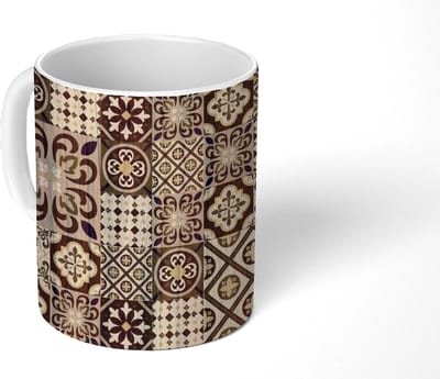 Mok - Koffiemok - Retro - Patronen - Bruin - Bloemen - Abstract - Mokken - 350 ML - Beker - Koffiemokken - Theemok