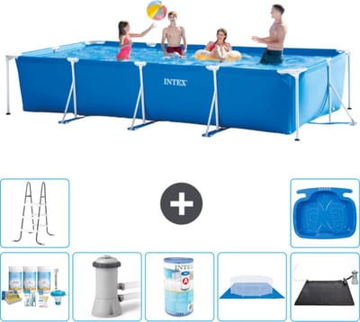 Intex Rechthoekig Frame Zwembad - 450 x 220 x 84 cm - Blauw - Inclusief Onderhoudspakket - Zwembadfilterpomp - Filter - Grondzeil - Solar Mat - Ladder - Voetenbad - 8-delig