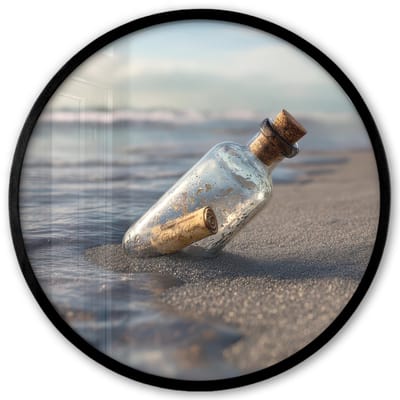 Poster in lijst Rond - Fotolijst 40x40 cm - Posters - Glazenfles - Post - Zee - Zand - Ronde posterlijst zwart - Decoratie - Wanddecoratie woonkamer - Muurdecoratie slaapkamer