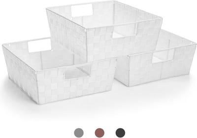 Famanu – Set van 3 grote stoffen opbergmanden – Geweven mesh design – Organizer voor planken en kledingkast – Wit