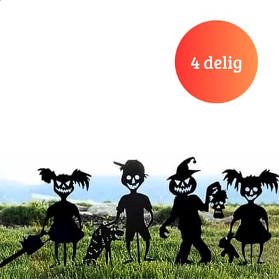 Janse® Halloween tuinstekers decoratie 4 delig - Halloween feestversiering - Horror tuinversiering - Tuindecoratie halloween - Zombie - Monster - Pompoen - Zombie meisje met zaag - Zombie jongen met hond - Enge tuinbeelden - Tuinsteker
