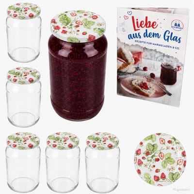 6-delige set ronde glazen 1062 ml To 82 bos-aardbei deksel incl. Diamant Gelierzauber receptenboekje
