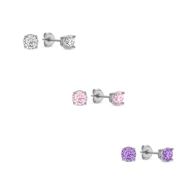New Bling 9SIL-SET0034 Zilveren Zirkonia Oorknoppen Set 4mm Wit Roze Paars Earparty - Rhodium - Zilver