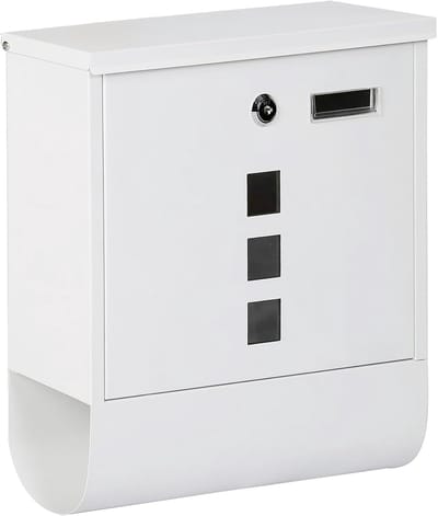 Brievenbus met krantenhouder en venster, gepoedercoat staal, met cilinderslot en deksel - wit - 30.5 x 33.5 x 9.6