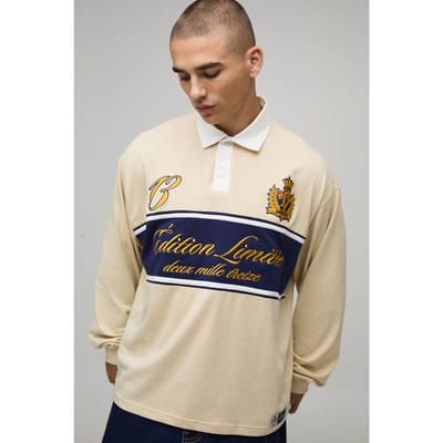 Oversized Varsity Embroidered Rugby Polo | Sand | Size XS