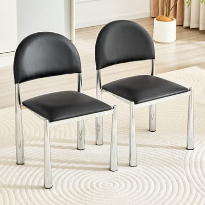 Eetkamerstoelen - Set van 2 - Moderne Eetkamerstoel Set - Gestoffeerde Eetkamerstoel - Halfronde Rugleuning - PU Leren Stoel - Keukenstoel - Woonkamerstoel - Eetkamerstoel met Metalen Poten - Stoel voor Eetkamer en Keuken - Zwart