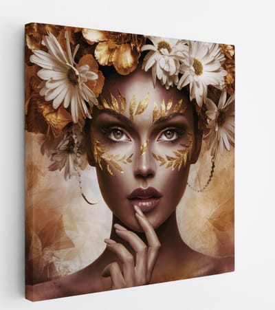 Saammp Canvas Schilderij - Vrouw met bloemen - Bruin - 20x20 - Foto op canvas - Wanddecoratie - Muurdecoratie Woonkamer - Slaapkamer decoratie - Canvas Print