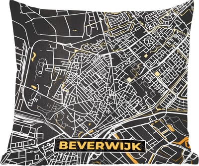Sierkussens - Kussentjes Woonkamer - 60x60 cm - Kaart - Beverwijk - Goud - Zwart
