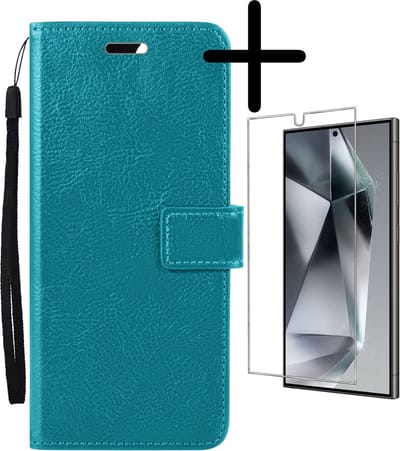 Hoesje Met Screenprotector - Geschikt voor Samsung Galaxy S24 Ultra - Luxe Pasjeshouder - Bookcase Portemonee - Flip Case - Kunstleer Book Case - Flipcase - Book Cover - Walletcase - Portemonneehoes - Turquoise