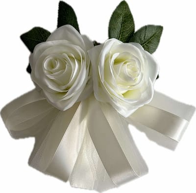 autodeco.nl LINA ECRU Handvatten Decoratie 4 stuks - Trouwauto Versiering - Ecru Rozen met Linten en Tule - Bloemen voor op de Handvatten - Versiering Handvat Auto - Autoversiering voor Volgauto's