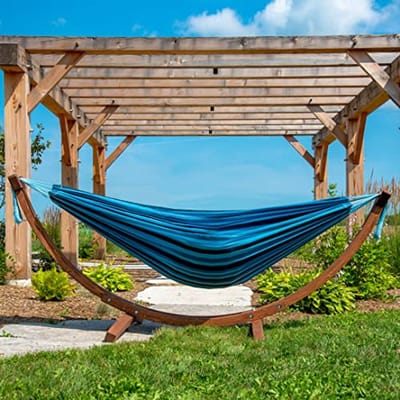 Dubbele Katoenen Hangmat met Stevige Houten Standaard - Blauw