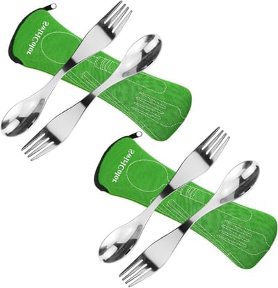 Duurzame RVS Sporks Set van 4, Herbruikbare Bestek voor Kamperen, Picknicken en Reizen met Opbergtas